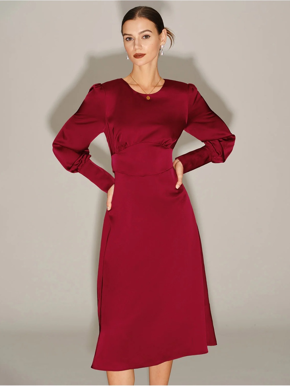 RIHOAS Wine Red Long-Sleeve Midi Dress